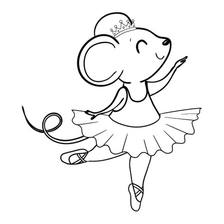 Coloring Book for kids with mouse ballerina. Outline animal vector illustration. Adorable character for cards, wallpaper, textile, fabric, kindergarten.のイラスト素材