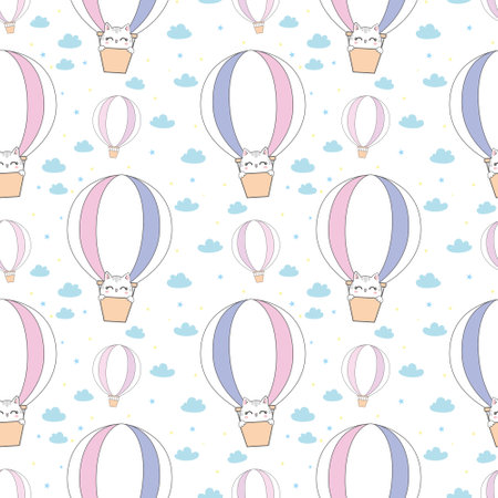 Children's vector seamless pattern with vintage balloons and a cat on a sky background. A pretty Scandinavian-style face. For children's textiles, wallpapers, fabrics, clothes, packagingのイラスト素材