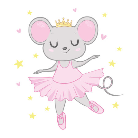 Hand drawn beautiful, lovely, little mouse ballerina girl with crown on her head. Vector illustration.のイラスト素材