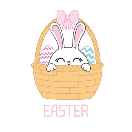 Happy Easter to the cute little bunnies. A color flat vector illustration highlighted on a white background. A cartoon character.のイラスト素材