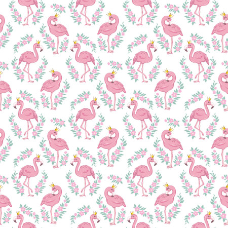 Flamingo pattern. Seamless background with pink bird. Exotic tropical repeated banner. Flat cartoon vector illustration.のイラスト素材