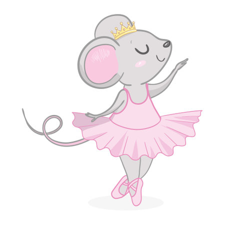Hand drawn beautiful, lovely, little mouse ballerina girl with crown on her head. Vector illustration.のイラスト素材