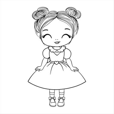A cute little girl in a dress. A coloring book page with a colorful template for children. Vector isolated illustration. For coloring, printing, games, parties, designのイラスト素材