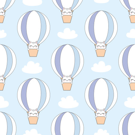 Children's vector seamless pattern with vintage balloons and a cat on a sky background. A pretty Scandinavian-style face. For children's textiles, wallpapers, fabrics, clothes, packagingのイラスト素材