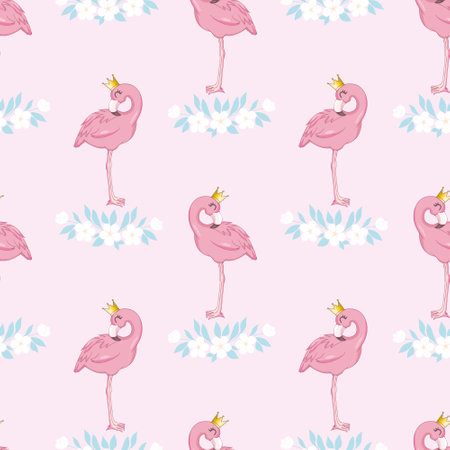Flamingo pattern. Seamless background with pink bird. Exotic tropical repeated banner. Flat cartoon vector illustration.のイラスト素材