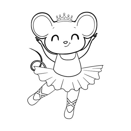 Coloring Book for kids with mouse ballerina. Outline animal vector illustration. Adorable character for cards, wallpaper, textile, fabric, kindergarten.のイラスト素材