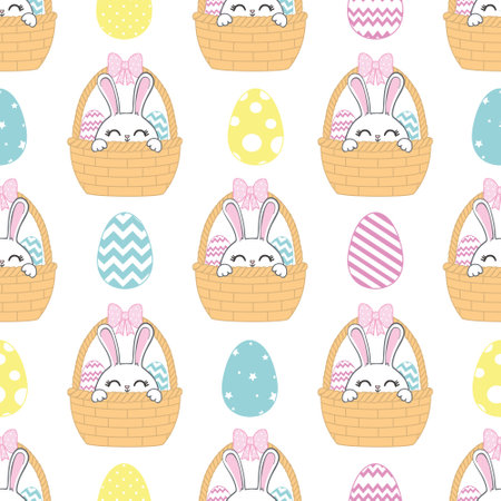 Vector pattern "Easter bunny". A rabbit in a basket and Easter eggs and depicts a fresh spring Easter morning.のイラスト素材