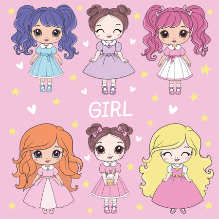 Cute princess girls in a dress with a crown. Vector set of illustrations of princesses. Girly vector collection. Children artworks, wallpapers, posters, greeting cards prints.のイラスト素材