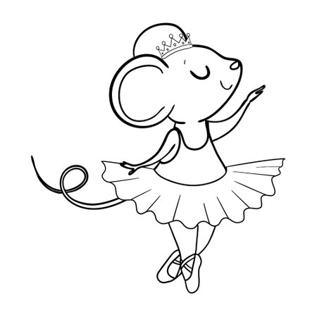 Coloring Book for kids with mouse ballerina. Outline animal vector illustration. Adorable character for cards, wallpaper, textile, fabric, kindergarten.のイラスト素材