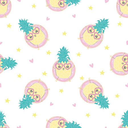 Seamless background with pineapple in glasses. Ideal for invitations, greeting cards, wrapping paper, posters, fabric prints. Vector illustration.のイラスト素材