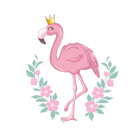 Cute pink flamingo is a baby princess, an exotic bird with a crown and flowers. Vector illustrationのイラスト素材
