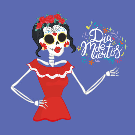 Vector hand drawn illustration of Mexican holiday "Day of the Dead". The postcard with lettering "Dia de Muertos"のイラスト素材