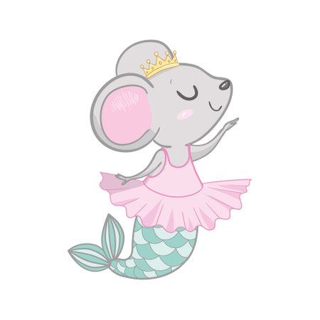 Cute gray mouse. Mermaid mouse. Vector illustration in cartoon flat style. White background.のイラスト素材