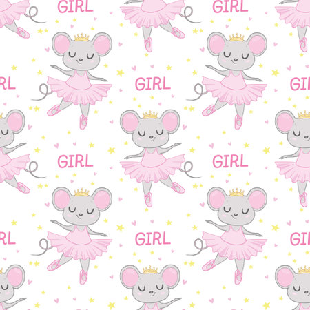 seamless pattern mouse ballerina. cute pattern for children's textiles a mouse in a skirt and crown is dancing. minimalistic pattern for children's textiles, printing, wallpaper.のイラスト素材