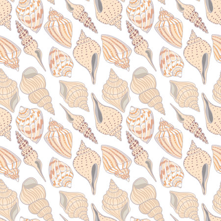 Seamless pattern with seashells, corals and starfishes. Marine background. Perfect for greetings, invitations, manufacture wrapping paper, textile and web design.のイラスト素材