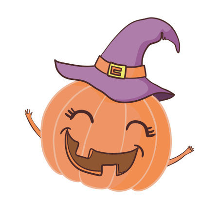 Cartoon Halloween pumpkin wearing witch hat isolated. Vector illustration.のイラスト素材
