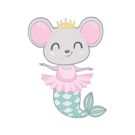 Cute gray mouse. Mermaid mouse. Vector illustration in cartoon flat style. White background.のイラスト素材