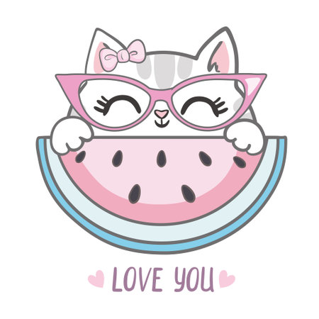 A cute kitty with glasses and a watermelon. The summer slogan. Cute kitty with fruits. Fashionable children's vector. Cool Scandinavian illustration for T-shirts, children's clothing, invitation designsのイラスト素材