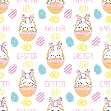 Vector pattern "Easter bunny". A rabbit in a basket and Easter eggs and depicts a fresh spring Easter morning.のイラスト素材