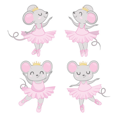 Hand drawn beautiful, lovely, little mouse ballerina girl with crown on her head. Vector illustration.のイラスト素材