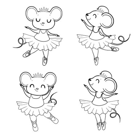 Coloring Book for kids with mouse ballerina. Outline animal vector illustration. Adorable character for cards, wallpaper, textile, fabric, kindergarten.のイラスト素材