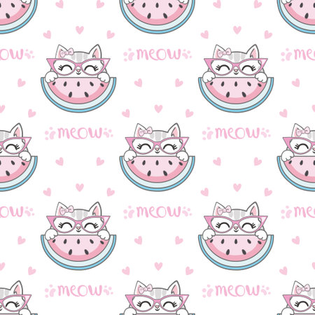 Hand Drawn cute cat and watermelon Seamless pattern summer childrens print vector illustration for printing, Sketch kittenのイラスト素材
