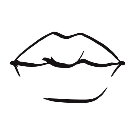 Women's lips sketch doodle style. Open mouth in line art style. Black and white plump lips vector illustrationのイラスト素材