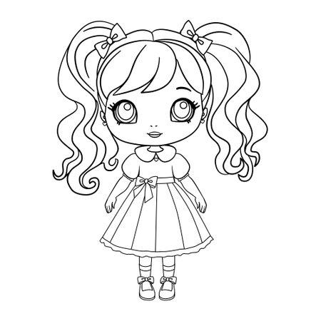 A cute little girl in a dress. A coloring book page with a colorful template for children. Vector isolated illustration. For coloring, printing, games, parties, designのイラスト素材