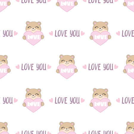 teddy bear with bow tie and kawaii hearts, pink girly seamless pattern background with abstract sun, kids cute woodland animals fabric and textile print design.のイラスト素材