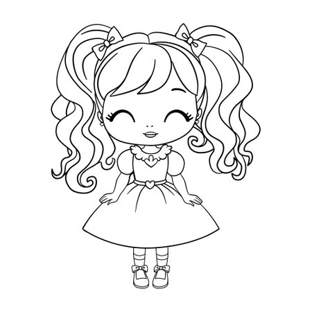 A cute little girl in a dress. A coloring book page with a colorful template for children. Vector isolated illustration. For coloring, printing, games, parties, designのイラスト素材