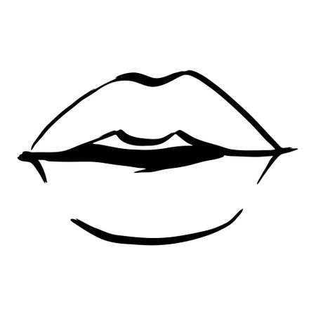 Women's lips sketch doodle style. Open mouth in line art style. Black and white plump lips vector illustrationのイラスト素材