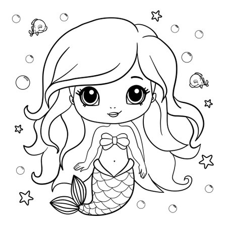 Coloring book for children. Cute cartoon mermaid. Funny beautiful little sea princess. Kids comic print for little girl. Vector illustration.のイラスト素材
