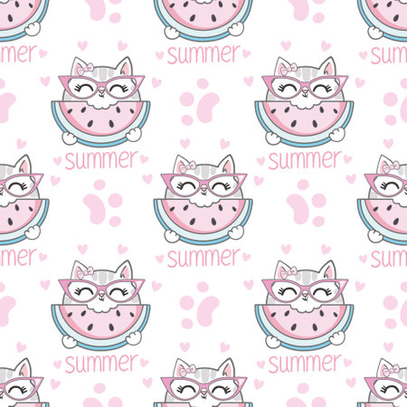 Hand Drawn cute cat and watermelon Seamless pattern summer childrens print vector illustration for printing, Sketch kittenのイラスト素材