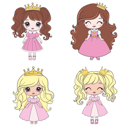 Cute princess girls in a dress with a crown. Vector set of illustrations of princesses. Girly vector collection. Children artworks, wallpapers, posters, greeting cards prints.のイラスト素材