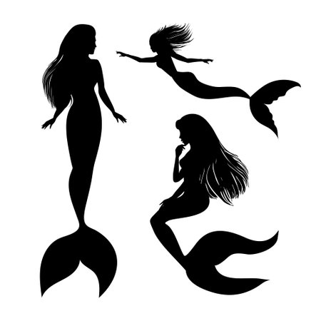 A set of mermaids in black and white. Vector illustration. A collection of silhouettes.のイラスト素材