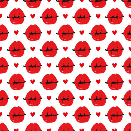 Red pink makeup woman lips shapes background Valentine's Day kiss seamless pattern Flat graphic girl mouth backdrop Romantic feminine design. Vector illustrationのイラスト素材