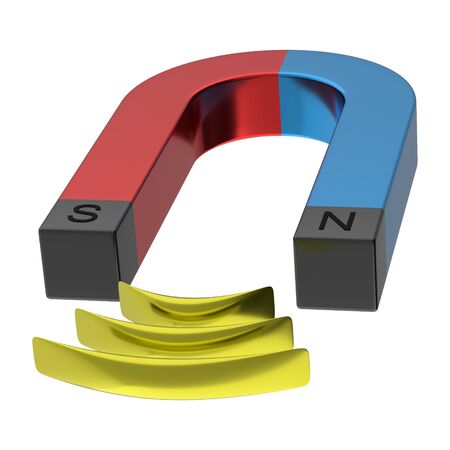 Red and blue metal horseshoe magnet isolated on white background.の写真素材