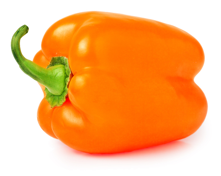 Single orange pepper with green stem isolated on white background.の写真素材