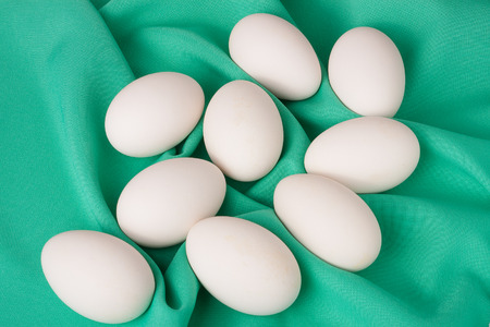chicken eggs on green textile background.