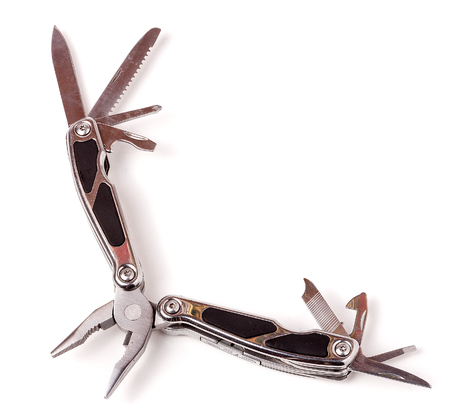 Steel multitool knife isolated on white background.の写真素材