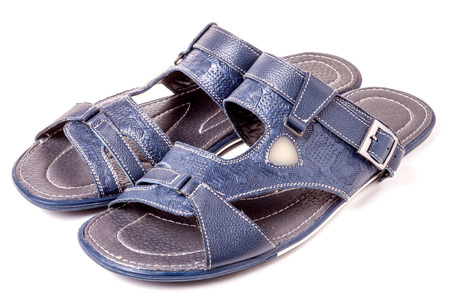 Mens summer blue leather sandals isolated on white background.の写真素材