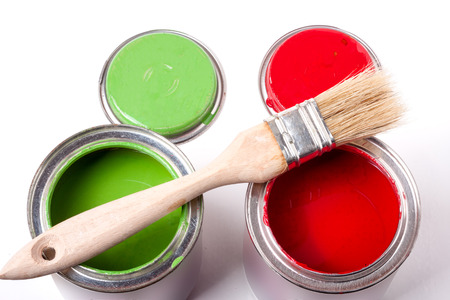 red and green paint in the bank to repair and brush.の写真素材
