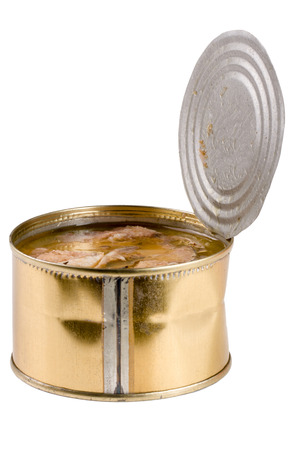 open tin can with fish pilchard isolated on white backgroundの写真素材
