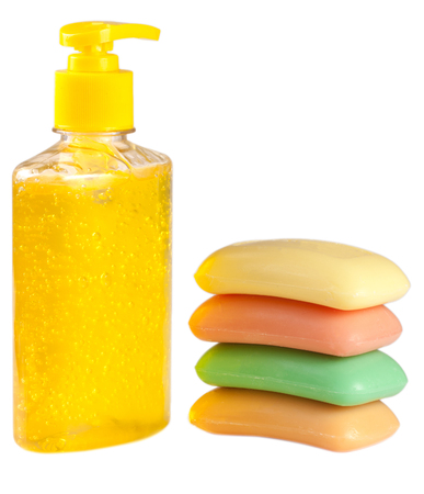 Soap liquid and solid isolated on white backgroundの写真素材