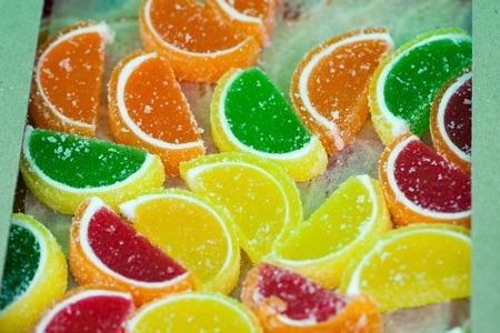 colorful jellies on the market close up. Selective focus