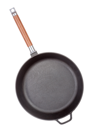 pan with a wooden removable handle isolated on white backgroundの写真素材