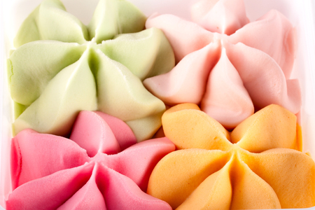Colorful ice cream in the shape of a flower close-up top view.の写真素材
