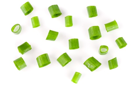 Chopped fresh green onions isolated on white background. Top viewの写真素材