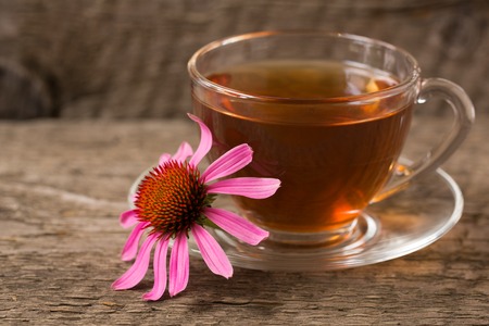 Cup of echinacea tea on old wooden table.の写真素材