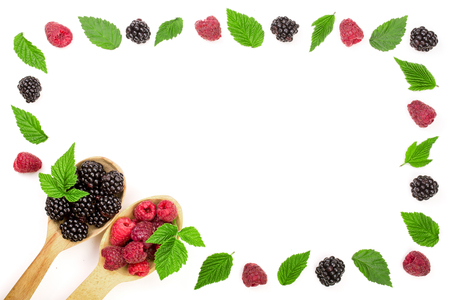 Raspberry blackberry frame isolated on white background with copy space for your text. Top view